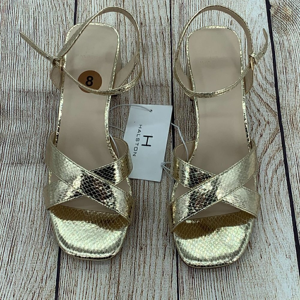 Halston Metallic Gold Snakeskin Strappy Heels - Picture 4 of 12